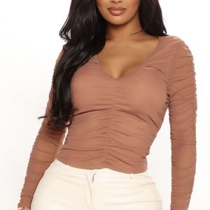 Fashion Nova Nude Mesh Ruched Longsleeve Top - Small